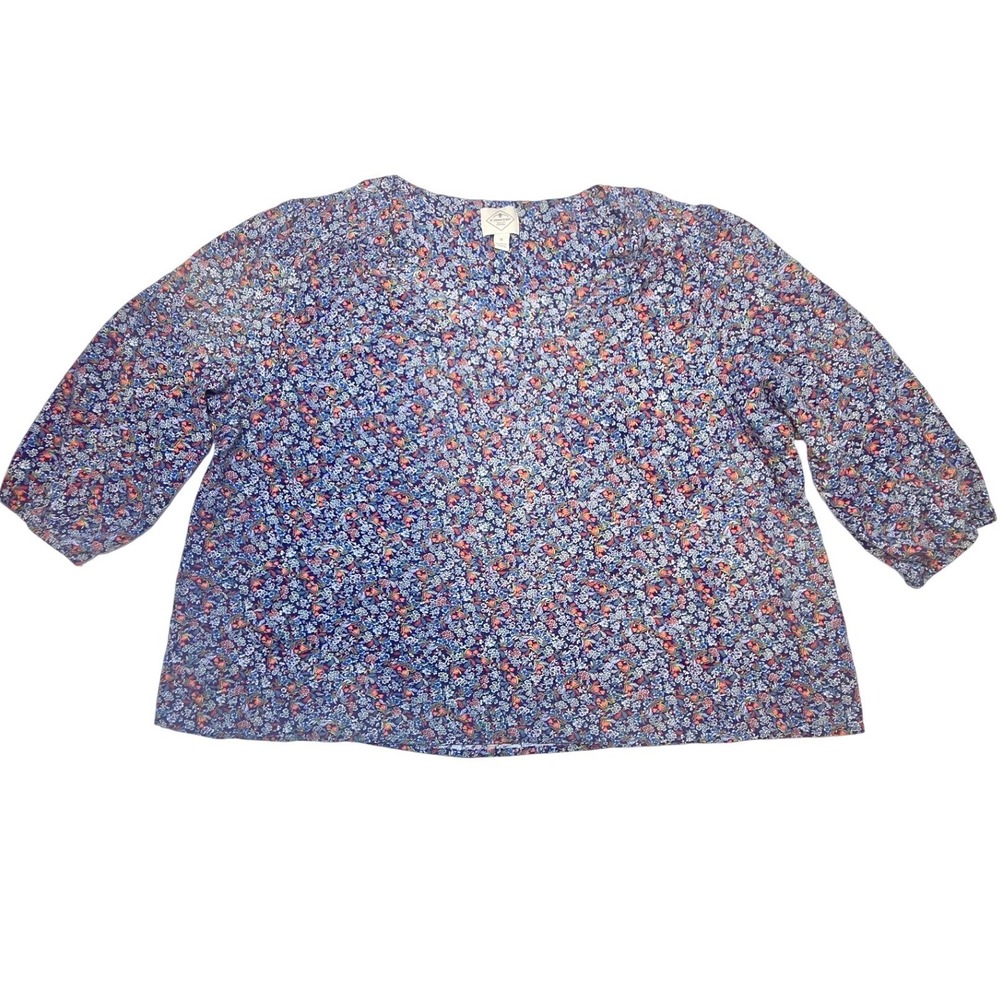 St Johns Bay Womens 1X Blue Floral V-Neck 3/4 Sleeve Rayon Blouse Top